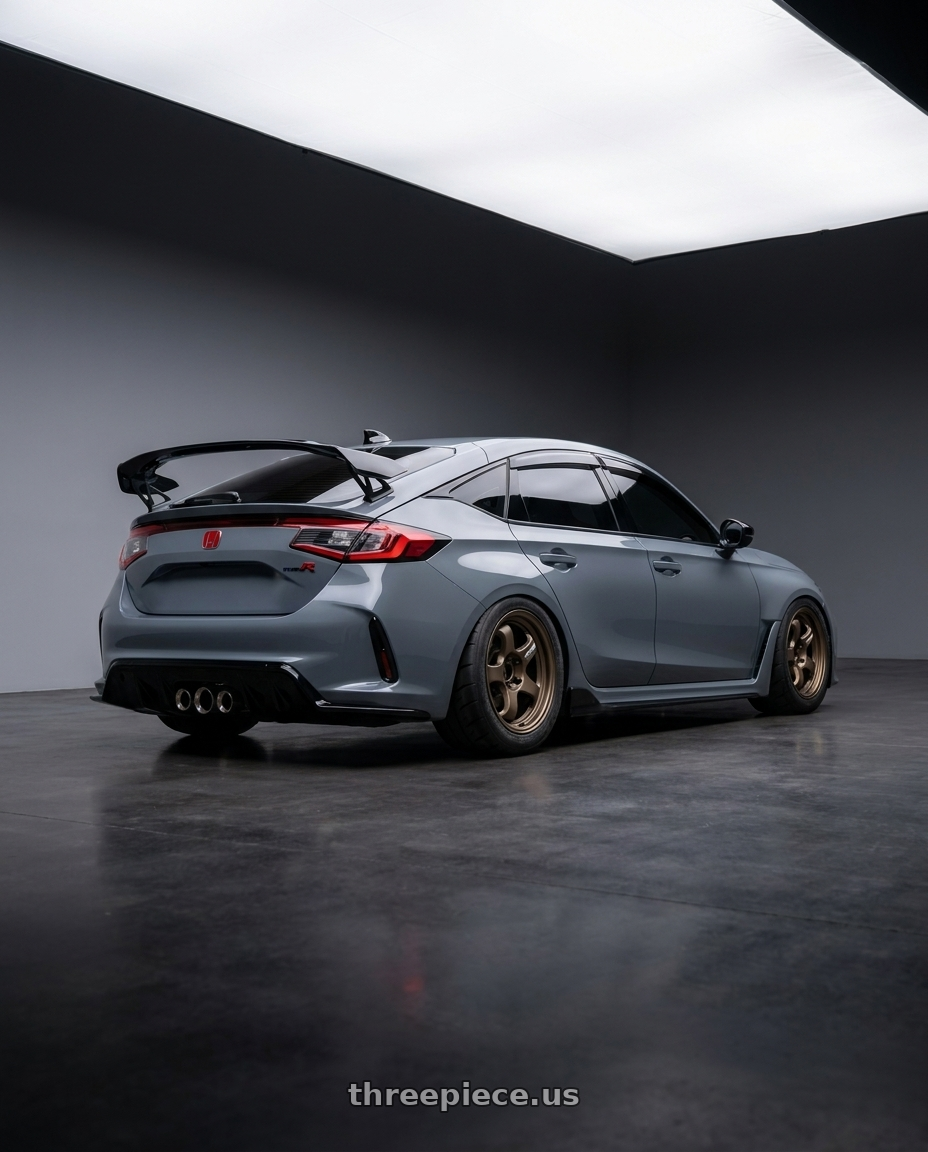 2024 Honda civic Type R with WORK Meister S1 SUV 6x139.7 18x8+20 Matte Bronze wheels rear three quarter view meaty tires