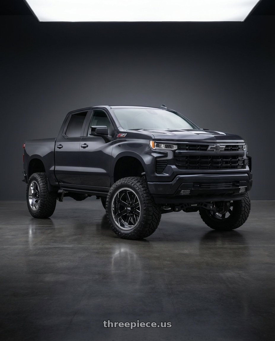 2023 Chevrolet Silverado 1500 with Moto Metal MO200 6X139.7 22X12 -44 GLOSS BLACK MILLED CENTER CHROME LIP wheels