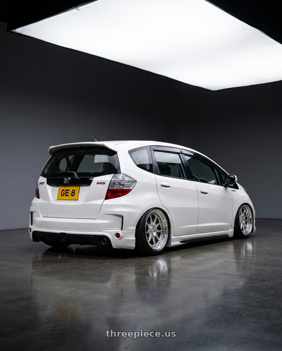 2010 Honda fit ge8 with CCW CZ05 4x100 16x7 +48 Polished wheels rear three quarter view slight stretch tires