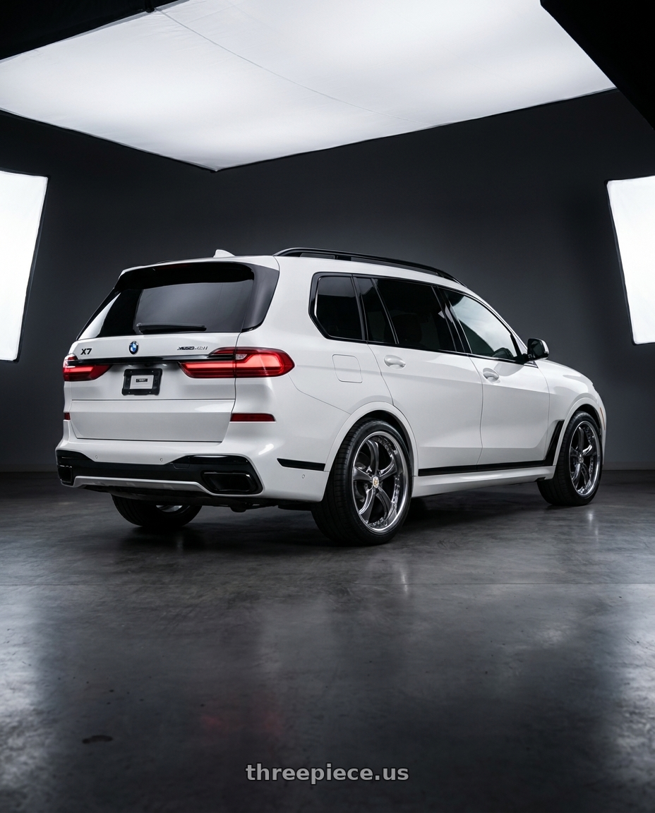 2021 bmw x7 xdrive40i with Work Wheels VS-KF 5x100 18x9.5-3 Brilliant Silver Black L Disk FULL REVERSE wheels rear three quarter view square tires