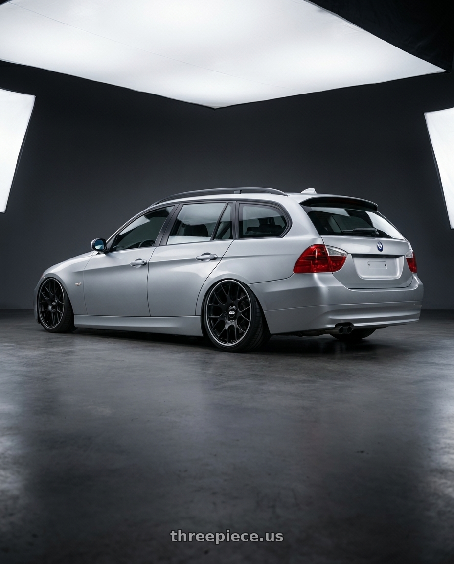 2006 Bmw e91 with BBS CH-R 5x130 19x12 +45 Satin Black Polished Rim Protector wheels rear three quarter view slight stretch tires