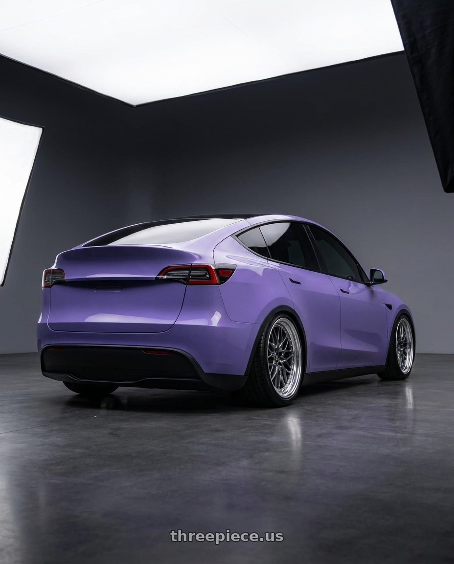 2026 Tesla Model Y Performance with Work Vs-Xv 5x100 18x9+40 A Disk Brilliant Silver Black wheels rear three quarter view slight stretch tires