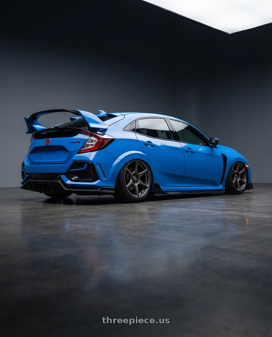 2020 Honda Civic Type R with Kansei K11G Tandem 5X120 19x10.5 22 Gunmetal wheels rear three quarter view slight stretch tires
