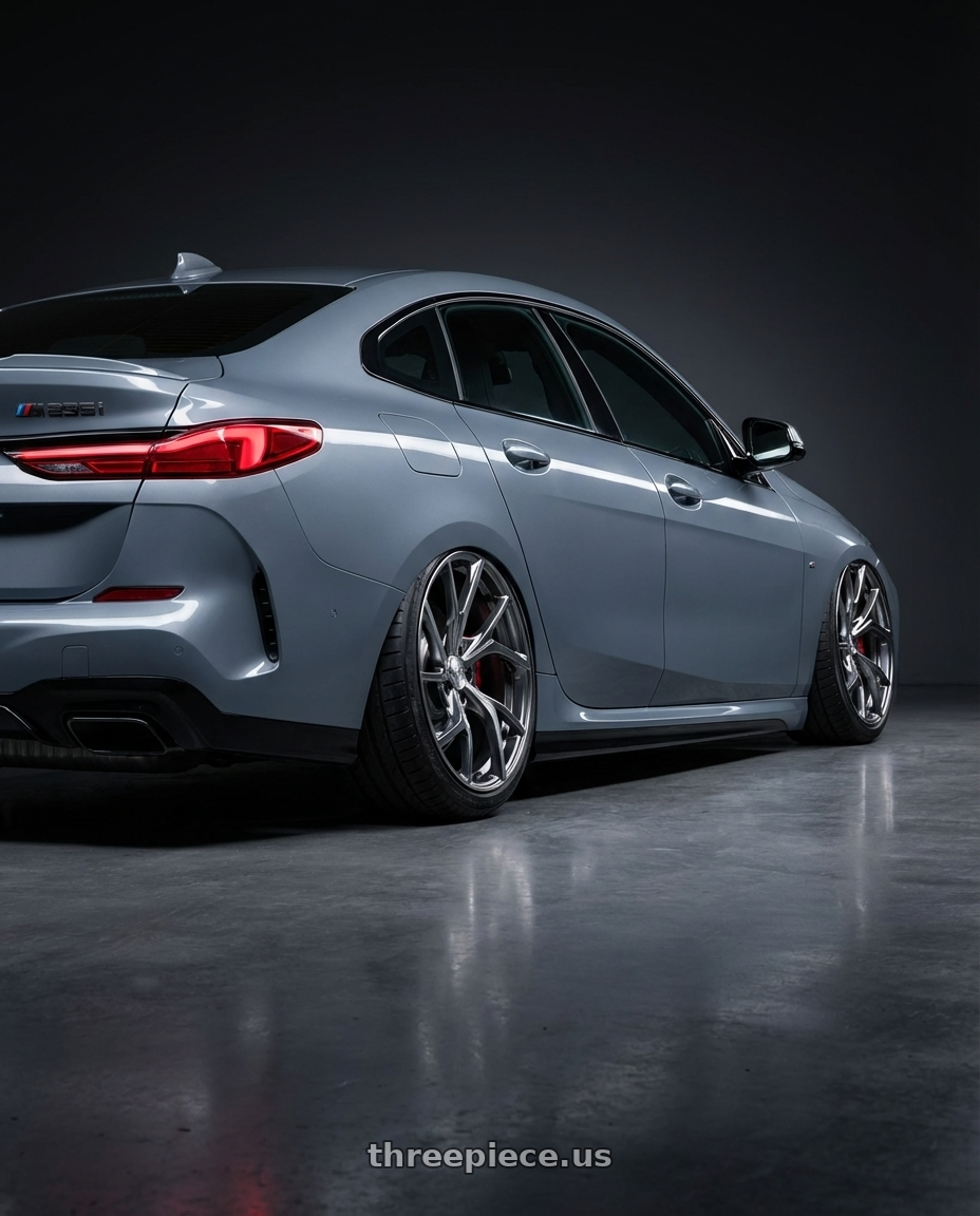 2021 BMW M235i xDrive, Storm Bay Metallic with Volk Racing VERSUS VMF C-01 5x114.3 20x9.5 +28 REFAB / SIDE BRIGHTENING METAL DARK / MC wheels rear three quarter view extreme stretch tires