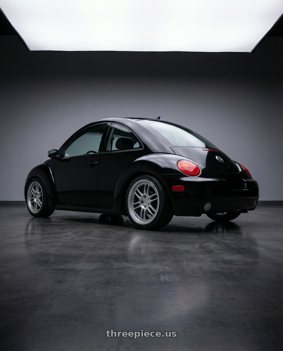 2006 Volkswagen New Beetle with Enkei RPF1 5x100 18x8+35 Silver wheels rear three quarter view square tires