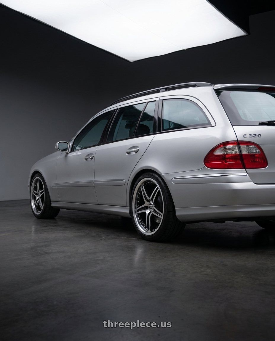 2004 S211 E320 with Motegi MR107 D5S 5X112 18X8 +42 GLOSS BLACK MACHINED wheels rear three quarter view square tires
