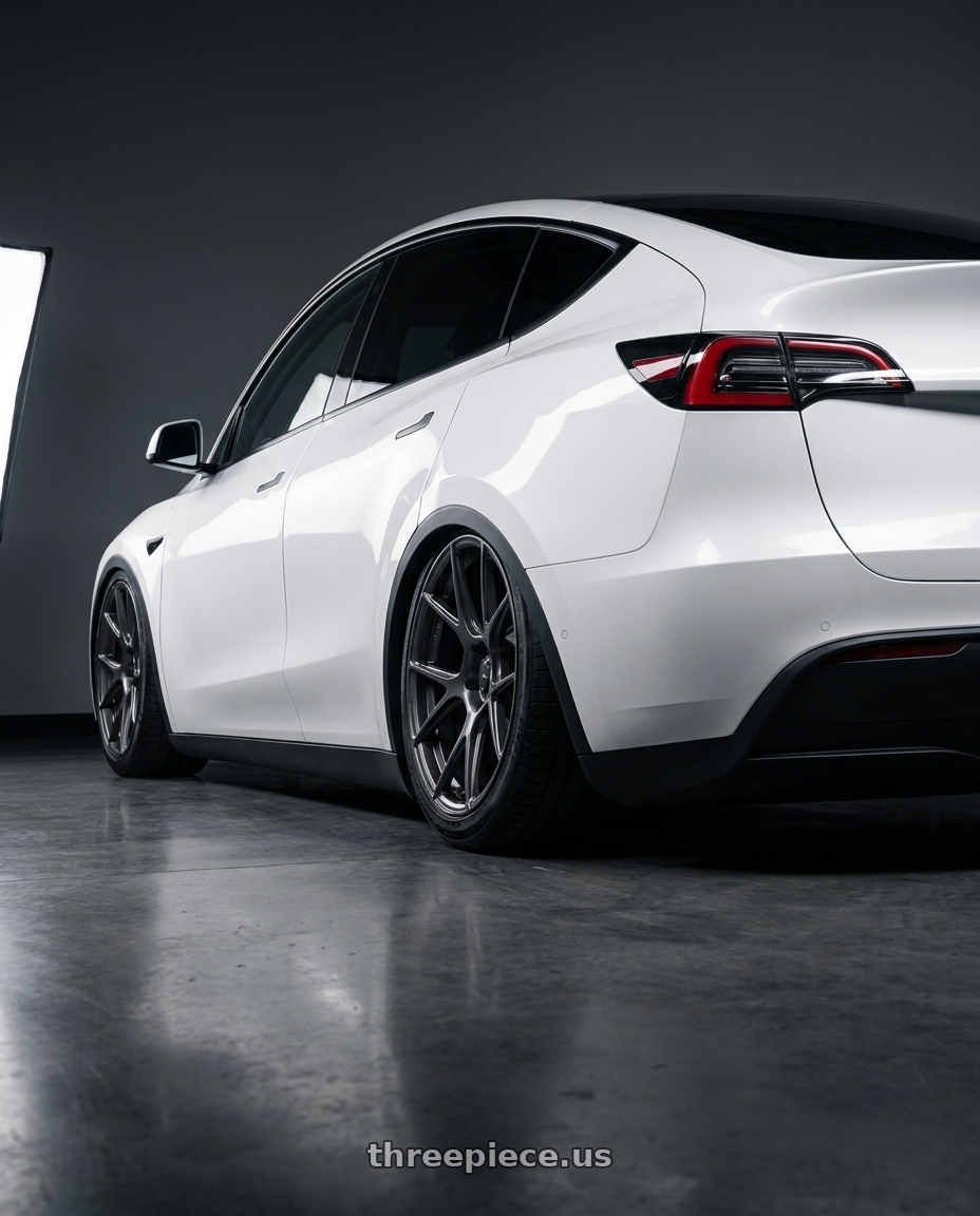 2024 Tesla Model Y with Konig Ampliform 5x114.3 20x8.5+43 Dark Metallic Graphite wheels rear three quarter view slight stretch tires
