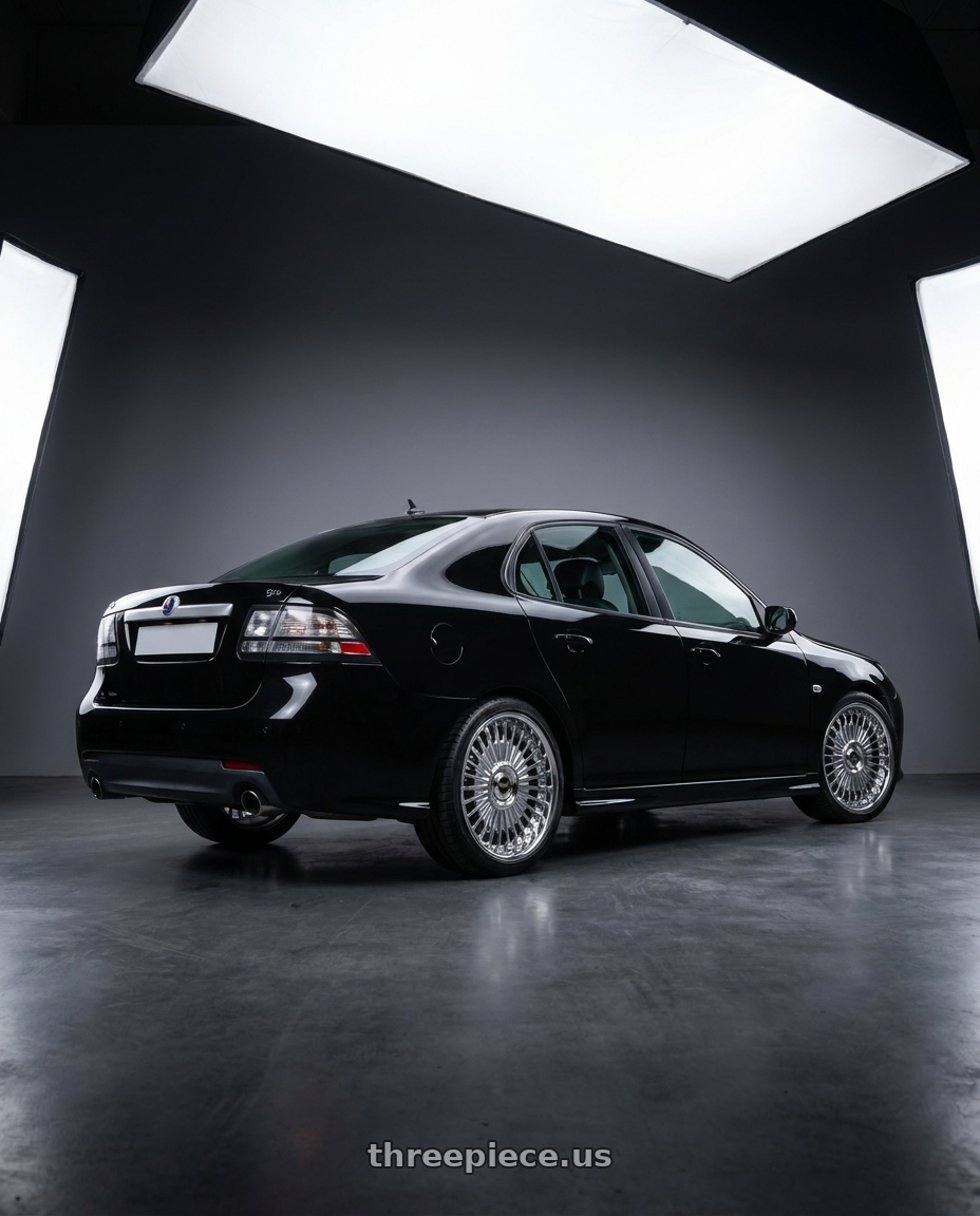 2010 Saab 93 with Work Emitz wheels rear three quarter view square tires
