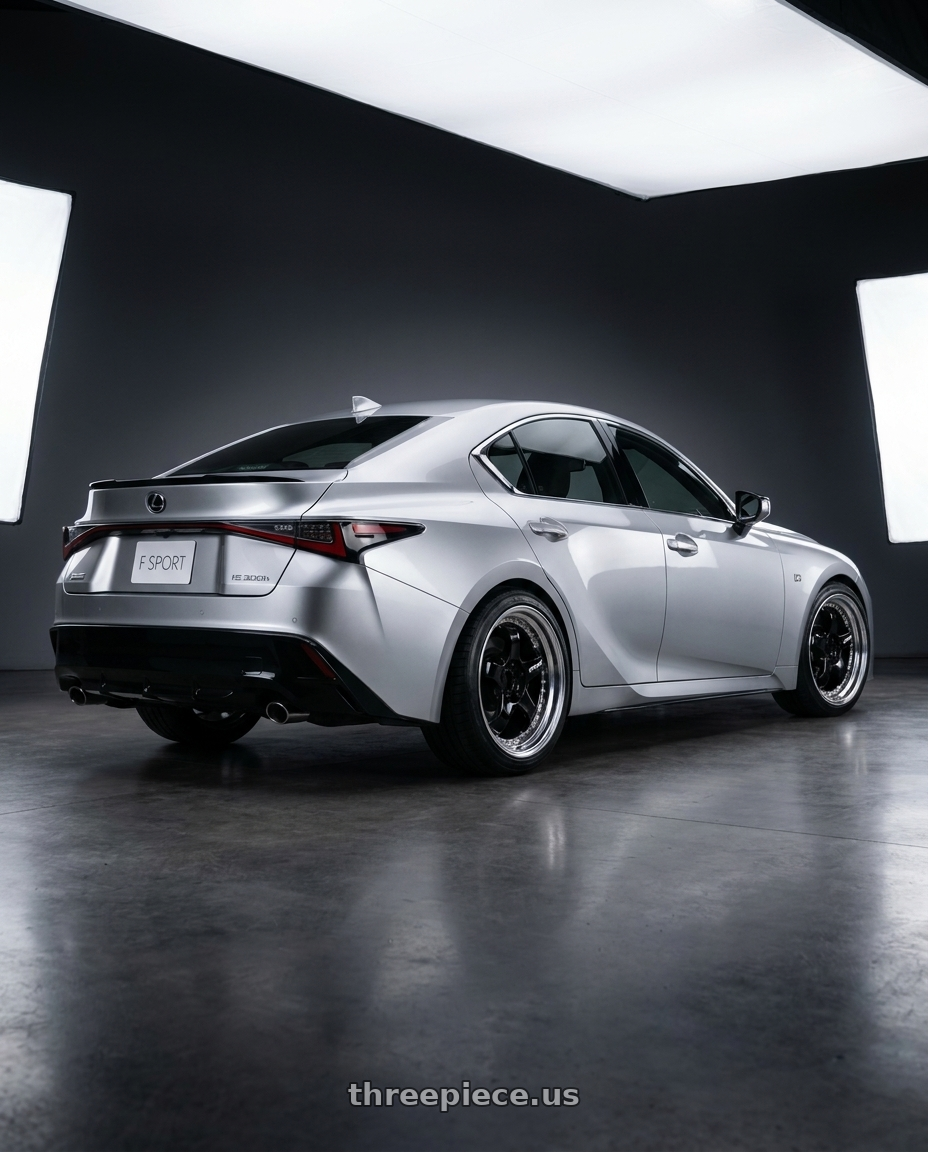 2024 Lexus is300h silver with Work Meister S1 3P 5x100 18x8.5+3 A Disk Black wheels rear three quarter view square tires