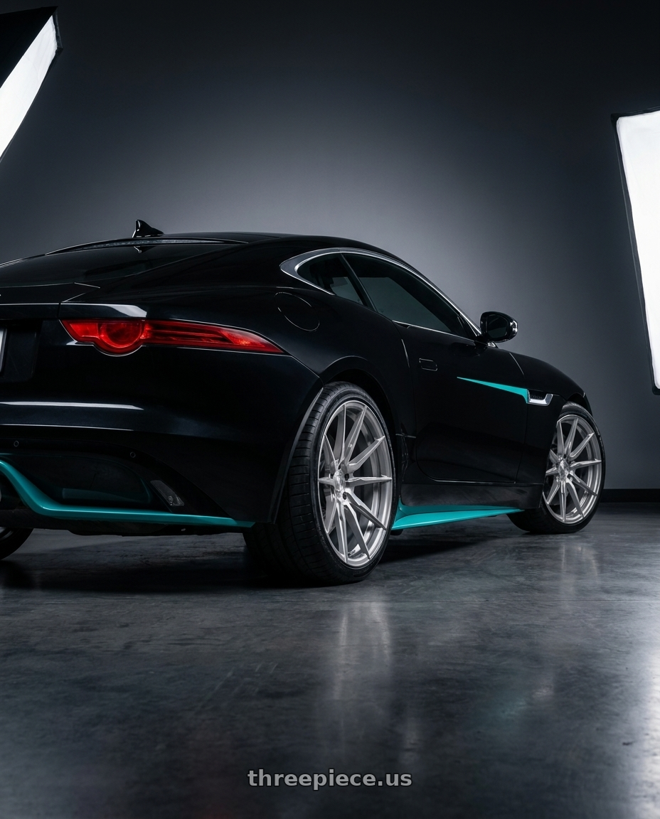 2017 jaguar f-type black with Rohana RFX2 5x108 20x9+40 Brushed Titanium wheels rear three quarter view square tires