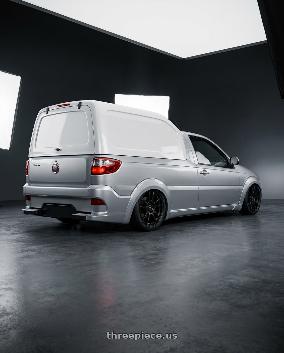 fiat strada 2011 com capota bau - prata with Mobelwagen MW512B Interceptor 5X112 16x7.5 23 Black wheels rear three quarter view square tires