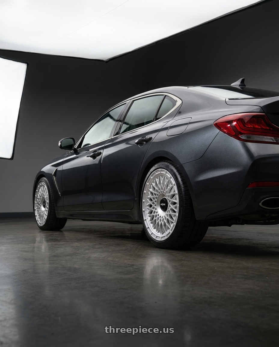 2019 Genesis G70 with Rotiform 1PC R176 LHR-M BLANK 19X8.5 +35 SILVER wheels rear three quarter view slight stretch tires