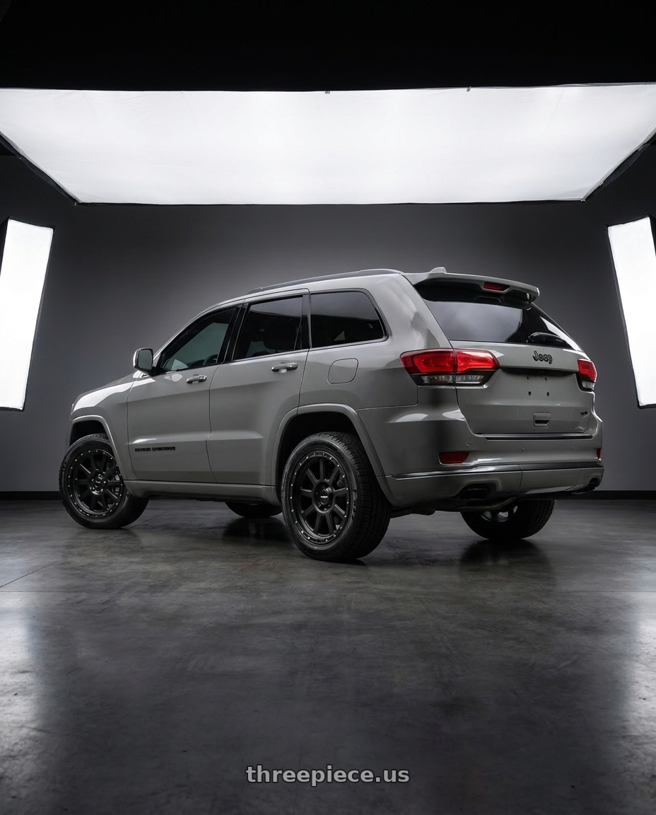2021 Jeep Grand Cherokee Overland with Vision Off-Road 350 Ojos 5x127 18x9+12 Satin Black wheels rear three quarter view square tires