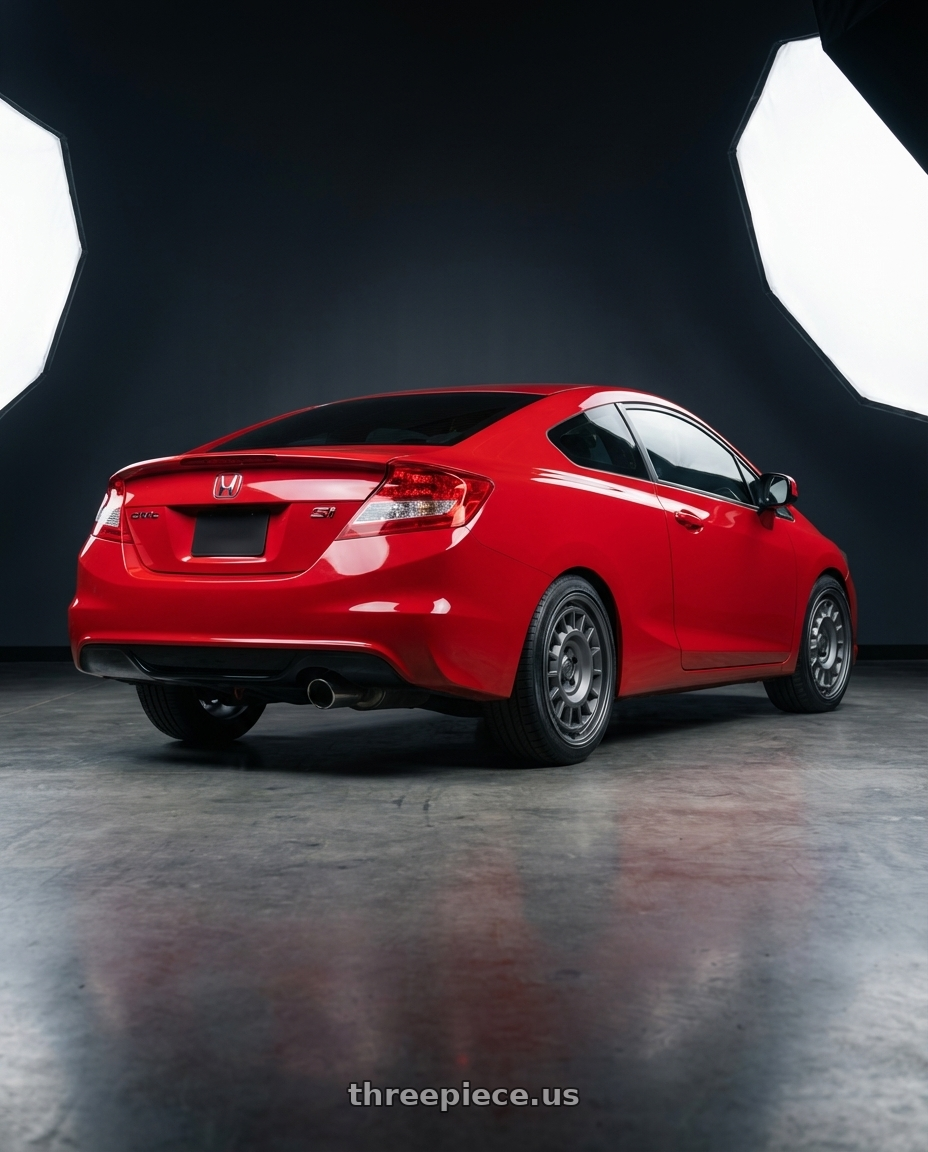 2015 Honda Civic Si with fifteen52 ALPEN MX 5x114.3 17x8 +38 FROSTED GRAPHITE (SATIN GREY) wheels rear three quarter view square tires