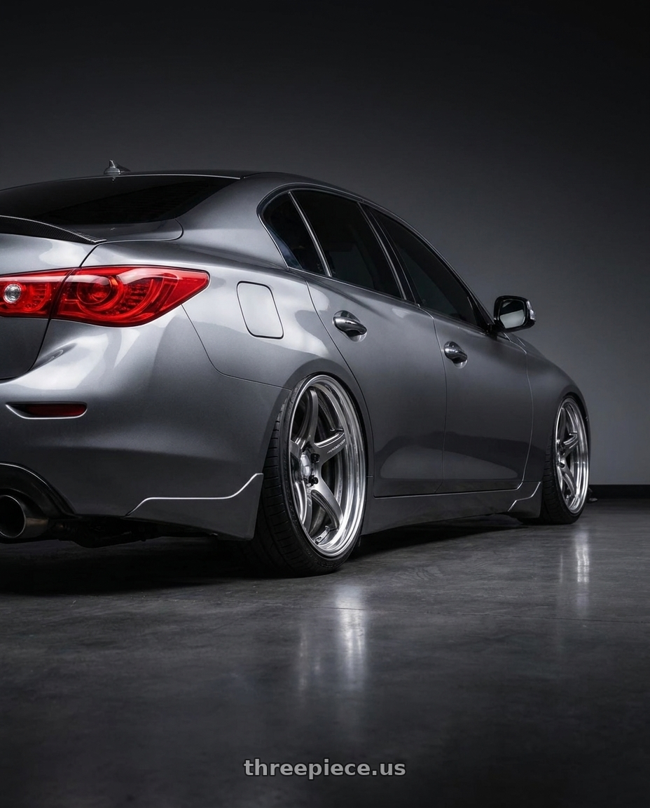 2015 INFINITI Q50 with Work T5R 2P 5x114.3 19x10.5 +18 GT SILVER wheels rear three quarter view slight stretch tires