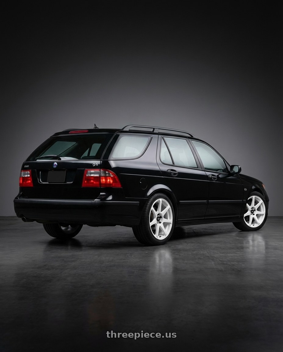 2007 saab 9-5 with Motegi MR154 BATTLE 5X110 17X8 +43 WHITE wheels rear three quarter view square tires