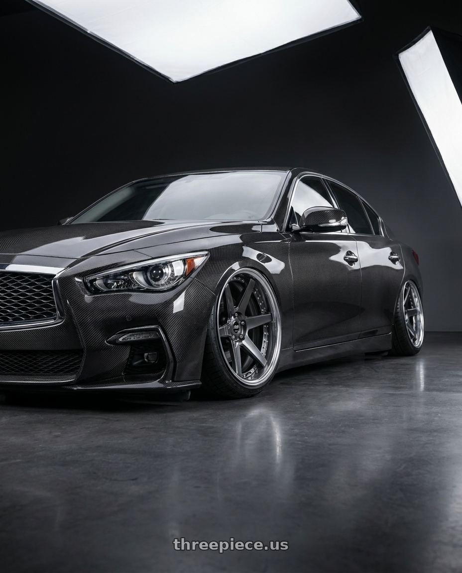 2019 Infiniti Q50S carbon fiber with Work Zeast Black Label Bst1 5x114.3 19x9.5+12 A Disk Brilliant Silver Black wheels