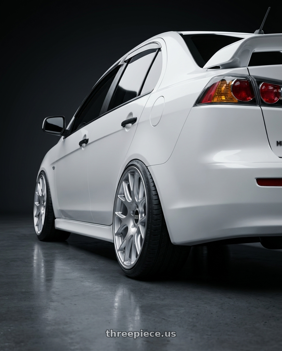 2012 Mitsubishi fortis with BBS CH-R 5x114.3 20x8.5 +38 Brilliant Silver Polished Rim Protector wheels rear three quarter view extreme stretch tires