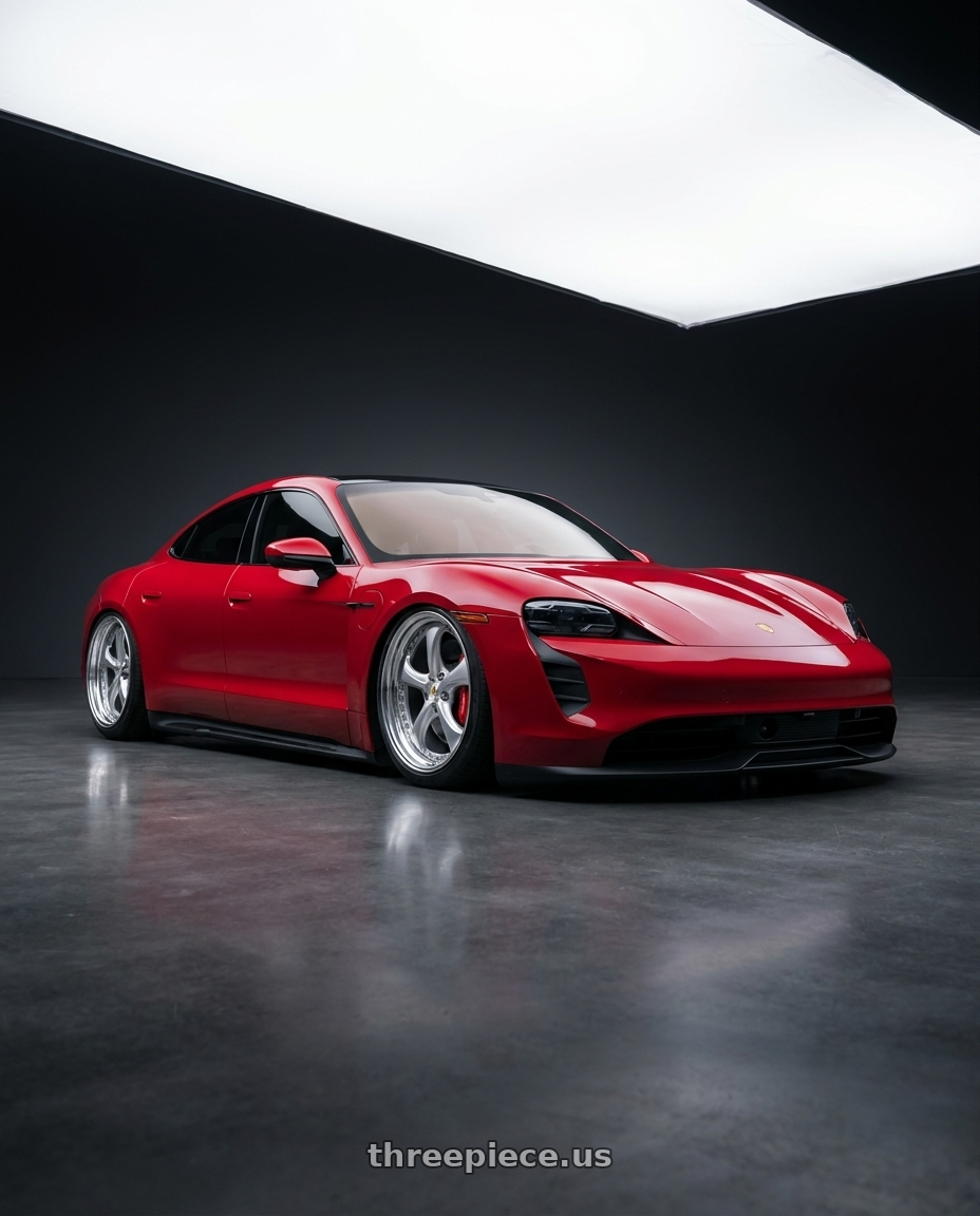 2023 Porsche Taycan GTS carmine red with Work Wheels VS-KF 5x112 20x8.5+40 Light Grey Silver O Disk STEP RIM wheels