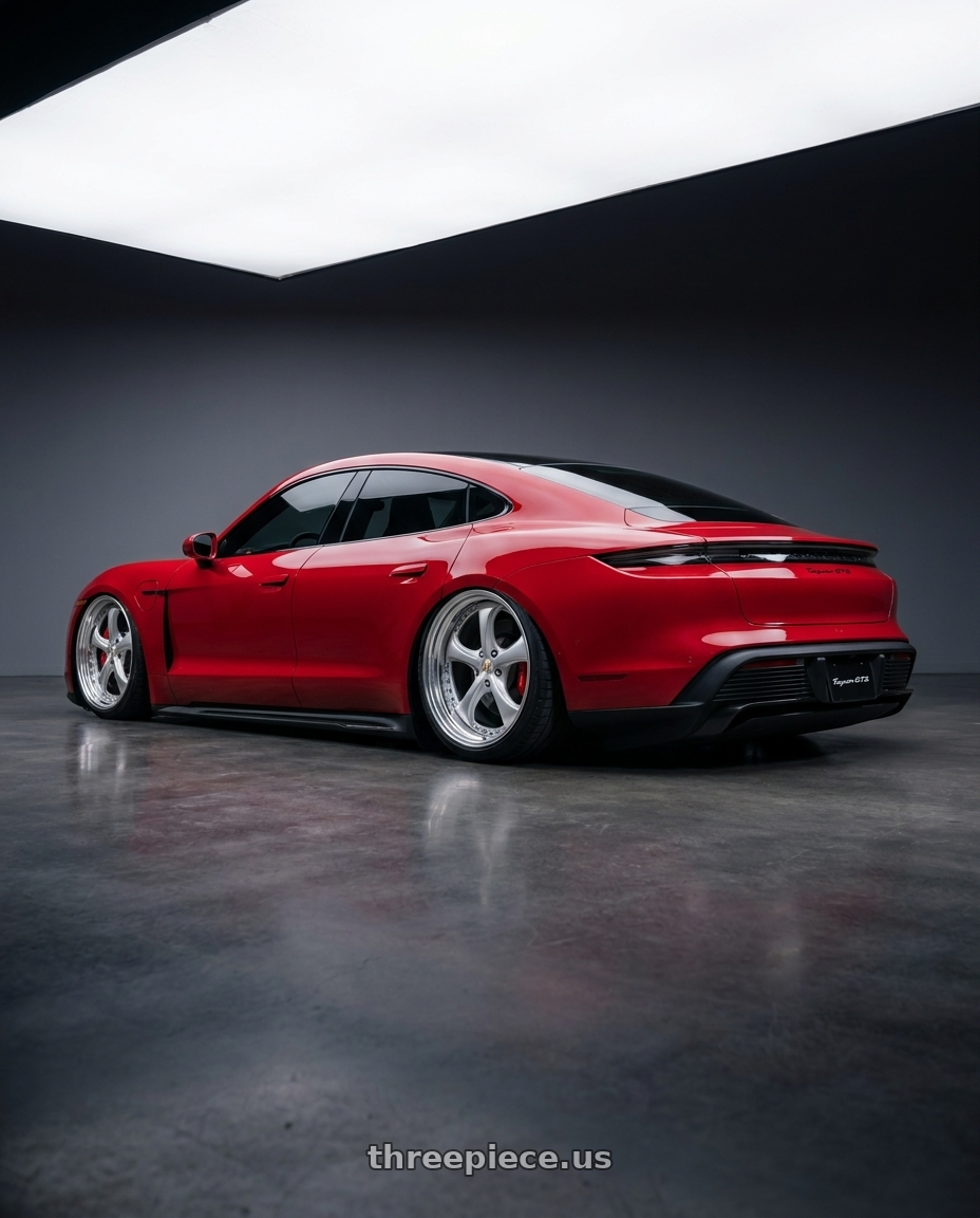 2023 Porsche Taycan GTS carmine red with Work Wheels VS-KF 5x112 20x8.5+40 Light Grey Silver O Disk STEP RIM wheels rear three quarter view square tires