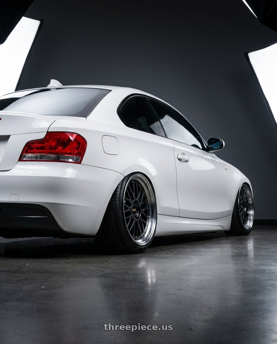 e82 135i 2008 with BBS LM 5x114.3 18x10.0+25 Diamond Black wheels rear three quarter view extreme stretch tires