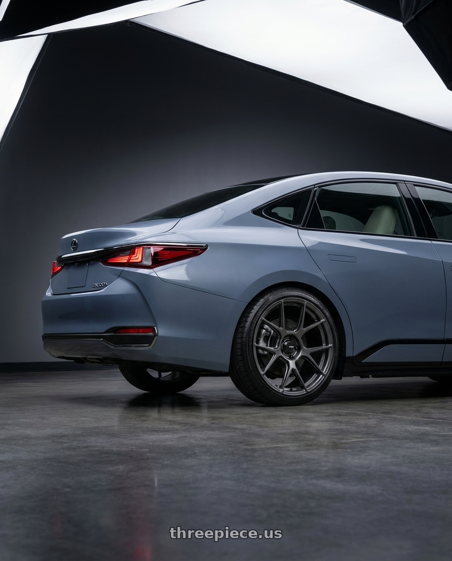 2026 LEXUS ES300h with Konig Ampliform 5x114.3 20x11+22 Dark Metallic Graphite wheels rear three quarter view square tires