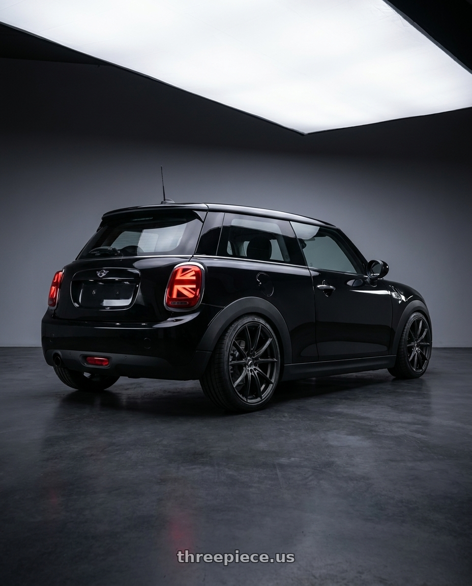 2018 mini cooper f56 base model with Platinum 435SB Flux 5x114.3 17x8 +40 Satin Black w/ Satin Clear wheels rear three quarter view square tires