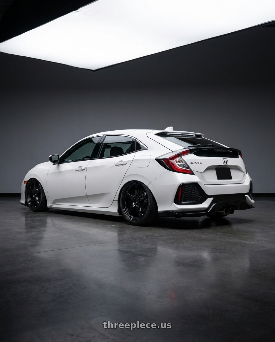 2019 Honda Civic with Gram Lights 57CR 5x114.3 19x9.5+35 Glossy Black wheels rear three quarter view slight stretch tires
