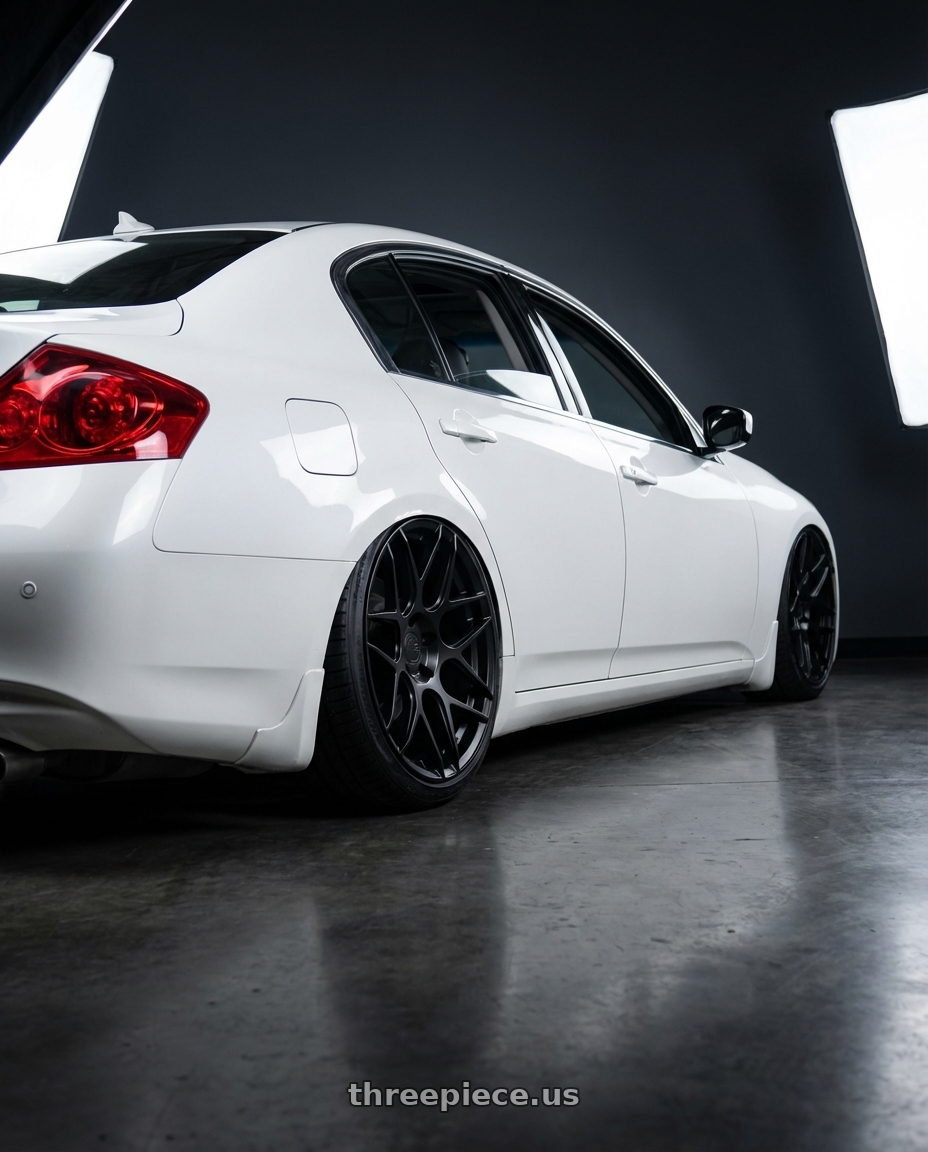 2012 Infiniti G37 with Aodhan AFF2 5x114.3 19x8.5+35 Matte Black wheels rear three quarter view slight stretch tires