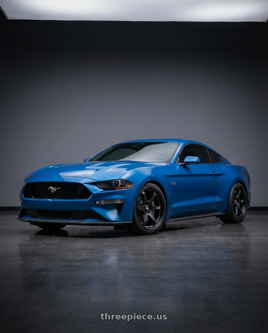 2022 Ford Mustang GT with ESR Wheels APEX SERIES AP6 5x114.3 19x8.5 +30 Matte Black wheels front three quarter view lowered stance