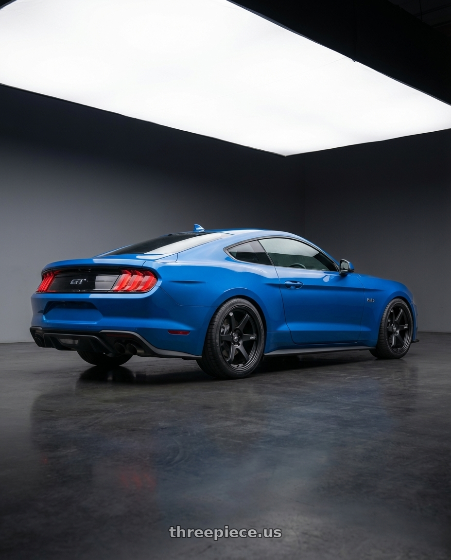 2022 Ford Mustang GT with ESR Wheels APEX SERIES AP6 5x114.3 19x8.5 +30 Matte Black wheels rear three quarter view square tires