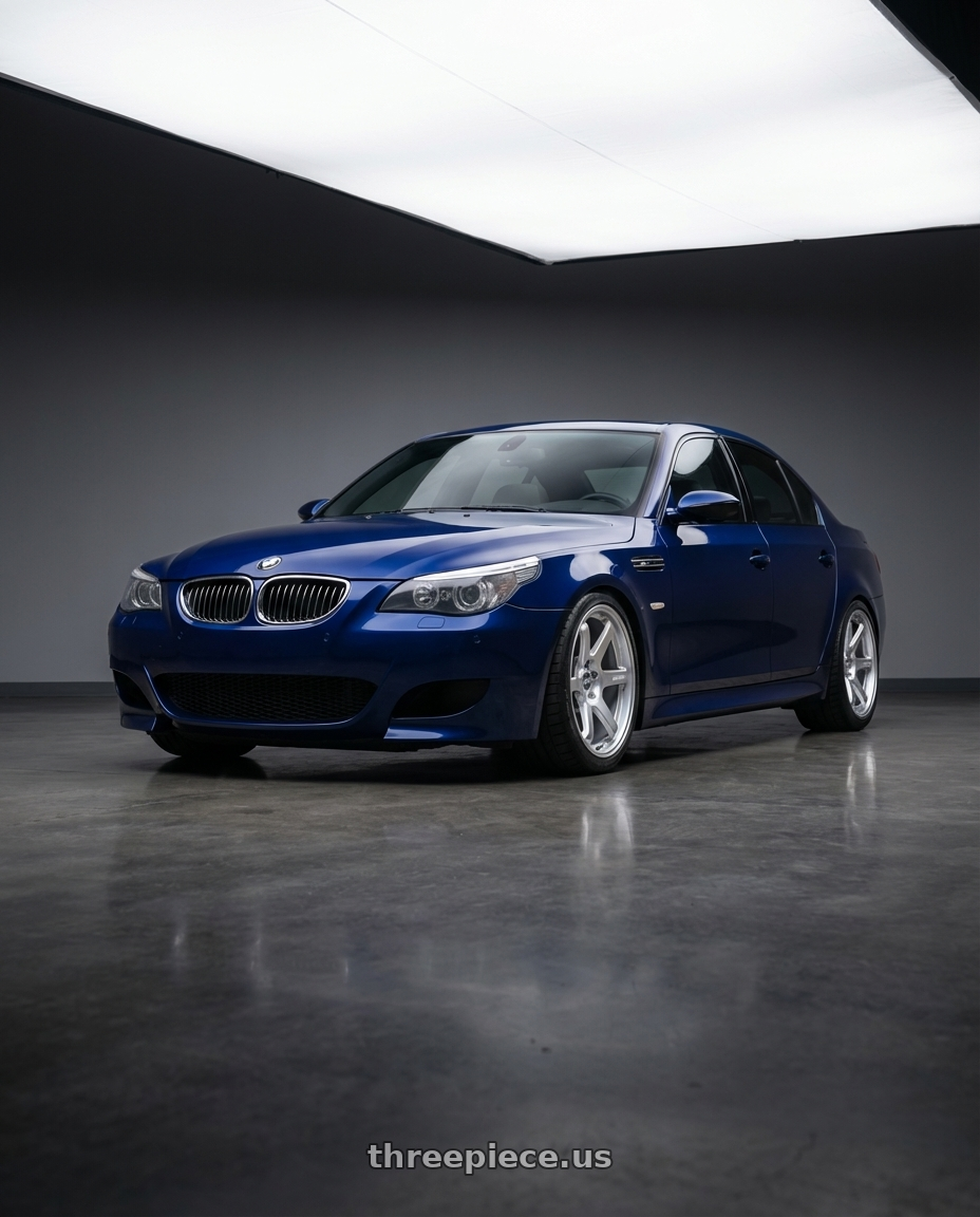 2010 BMW M5 E60 with ESR Wheels APEX SERIES AP6 5x120 19x8.5 +30 Hyper Silver wheels front three quarter view lowered stance