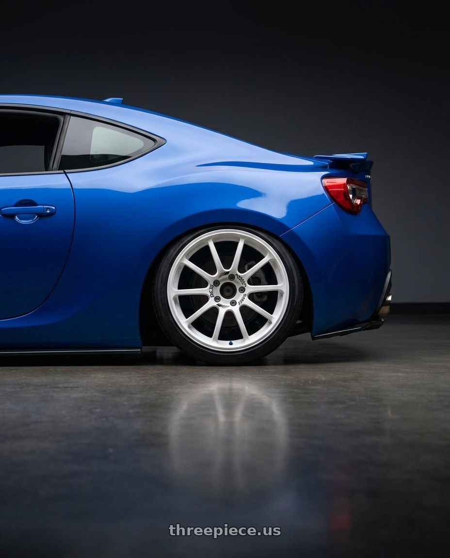 2024 Subaru BRZ with Advan RCIII 5x114.3 18x8.5+53 White wheels rear three quarter view slight stretch tires