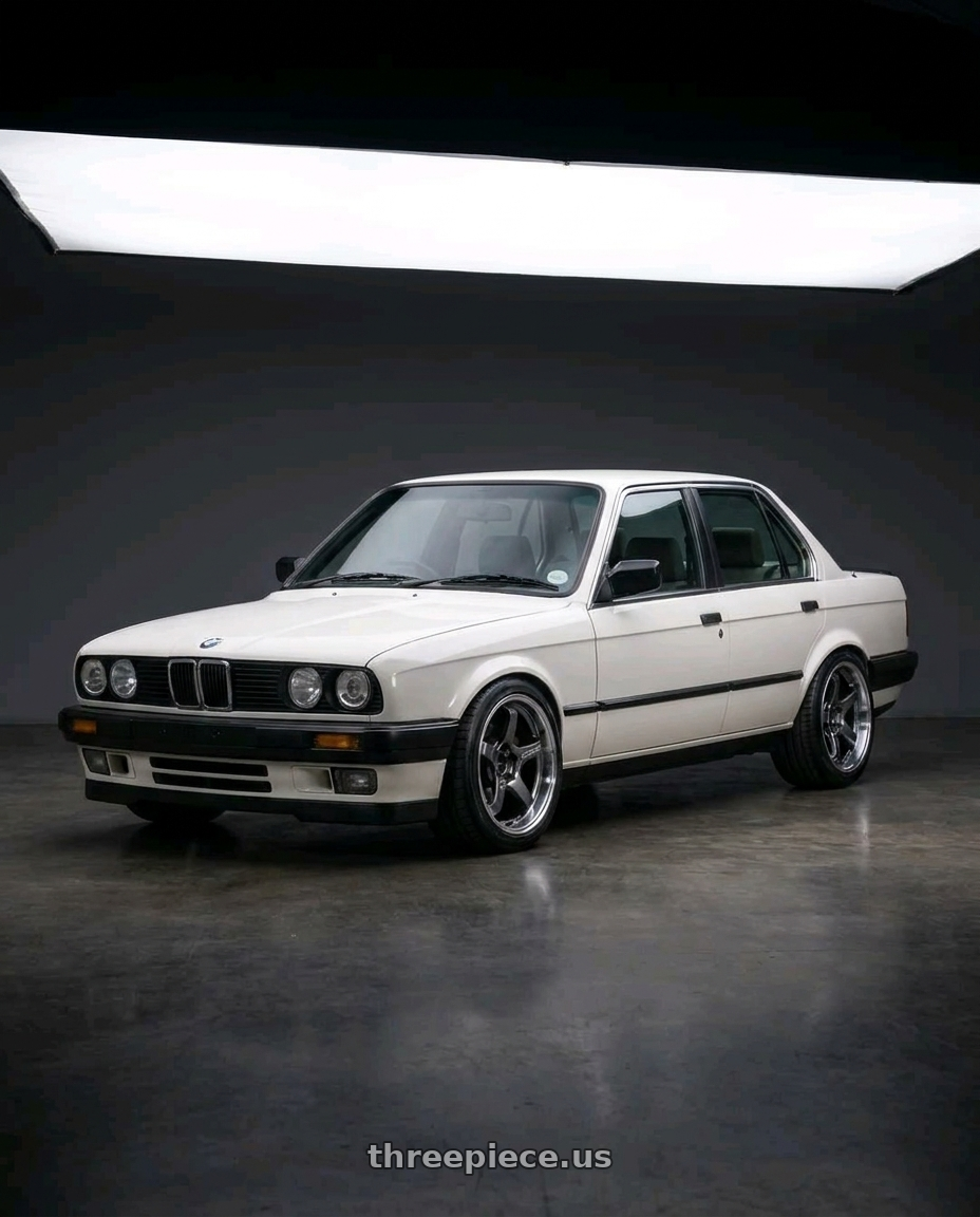 1991 BMW 318is with Advan Racing GT BEYOND 4x100 17x7.5 +32 MACHINING & HYPER PLATINUM BLACK wheels front three quarter view lowered stance