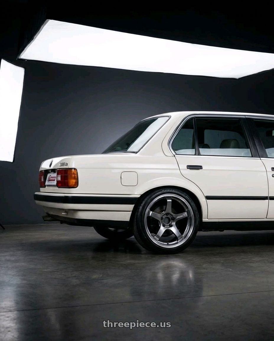 1991 BMW 318is with Advan Racing GT BEYOND 4x100 17x7.5 +32 MACHINING & HYPER PLATINUM BLACK wheels rear three quarter view square tires