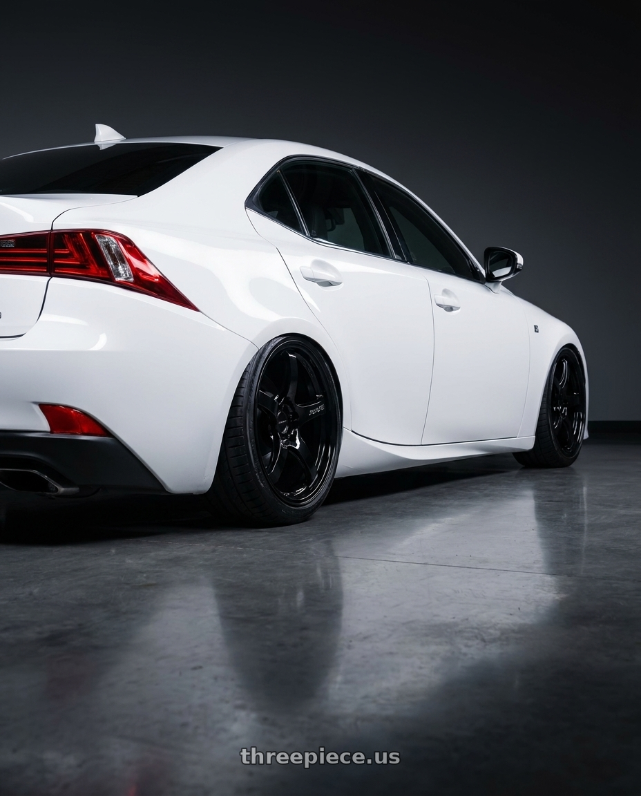 2018 Lexus IS 350 F Sport with Gram Lights 57CR 5x114.3 19x8.5+35 Glossy Black wheels rear three quarter view slight stretch tires