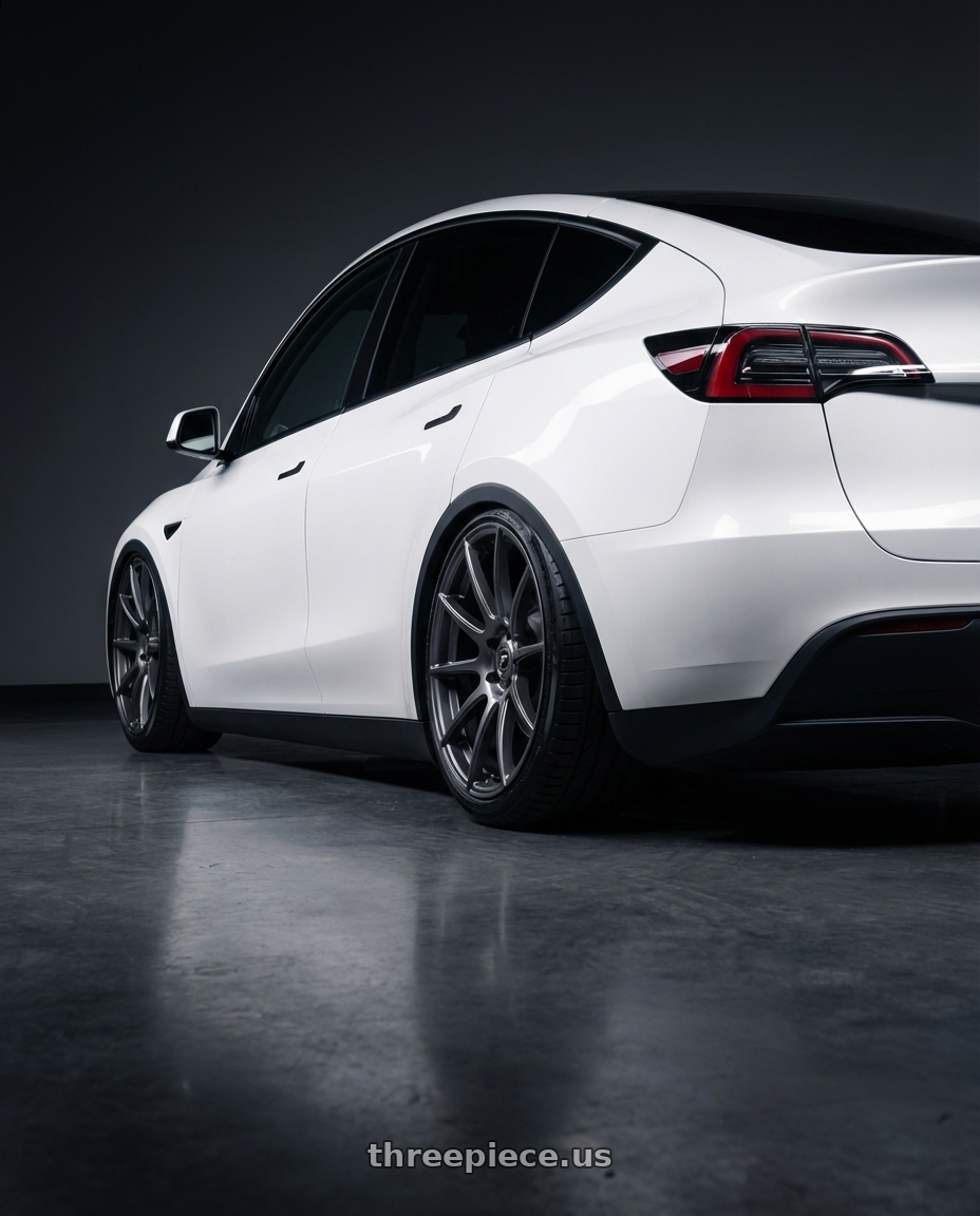 2024 Tesla Model Y with Forgestar CF10 5x114.3 20x9 +35 Gloss Anthracite wheels rear three quarter view slight stretch tires
