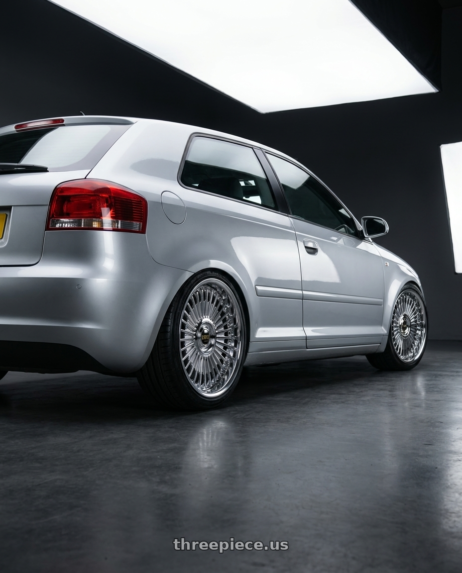 2008 Audi A3 Sline with Work Emitz Chrome 5x114.3 19x8.0 +22 wheels rear three quarter view slight stretch tires