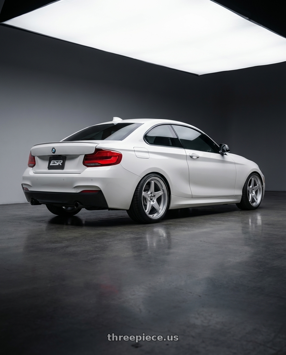 2018 BMW 2 Series F22 with ESR Wheels APEX SERIES AP5 5x120 18x10.5 +22 Hyper Silver wheels rear three quarter view square tires