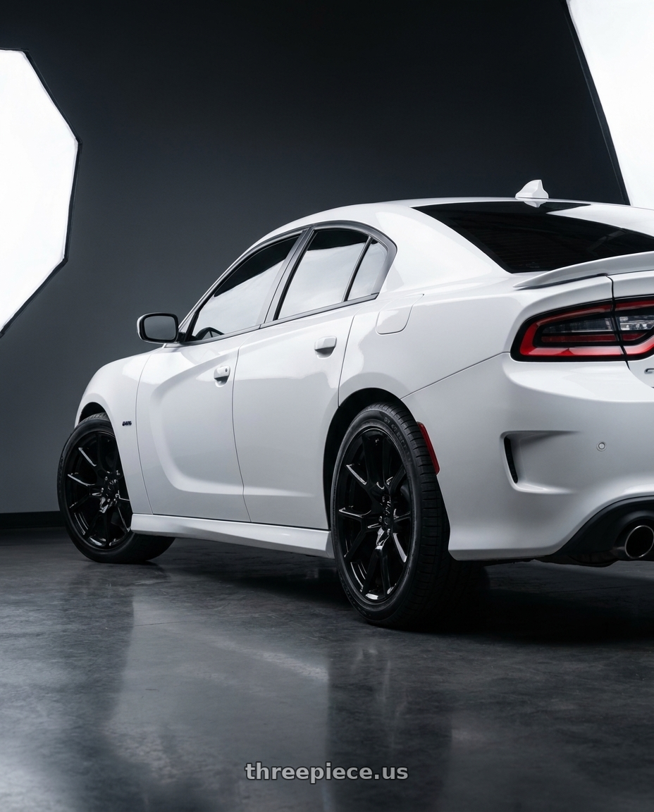 2020 dodge charger rt with OE Wheels DG21 5x115 20x10+18 Black wheels rear three quarter view square tires