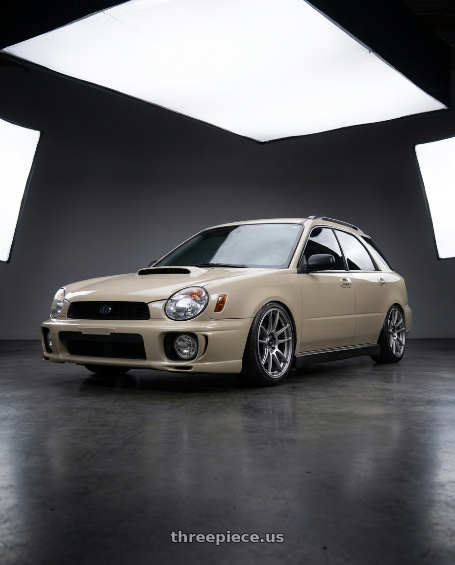 2002 Subaru wrx wagon with Konig Heliogram 5X114.3 17x8.5+38 Titanium Metallic Knurled Bead Flow Formed wheels
