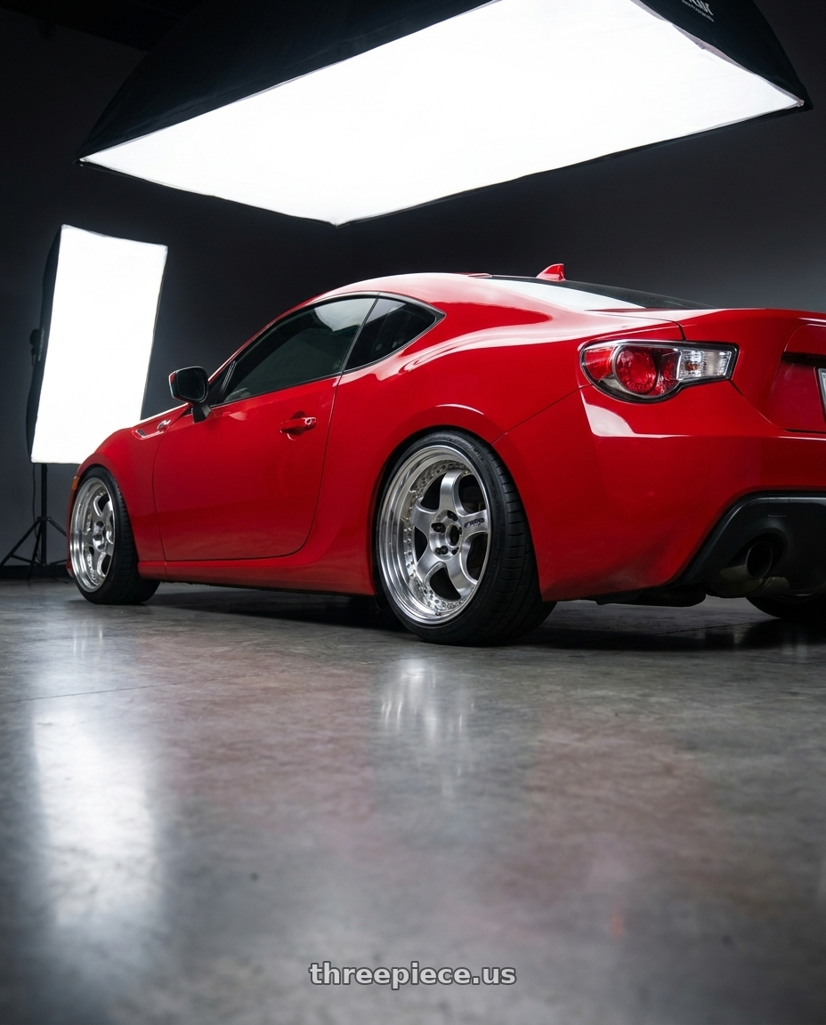 2013 Scion Fr-s with Work Meister S1 3P 5x100 18x8+43 R Disk Bright Buff Finish wheels rear three quarter view square tires