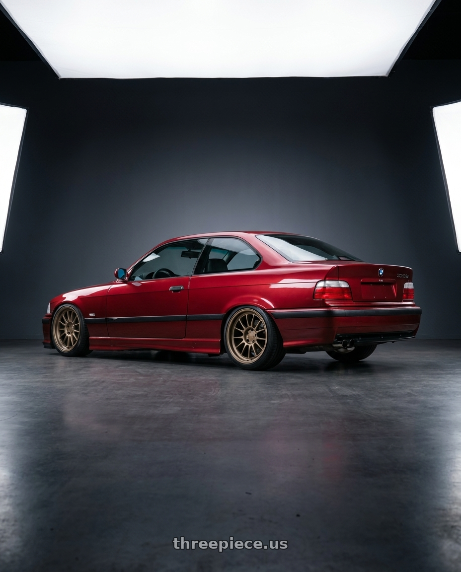 1996 BMW E36 328is with Kansei K13B Corsa 5X120 18x9 35 Bronze wheels rear three quarter view square tires