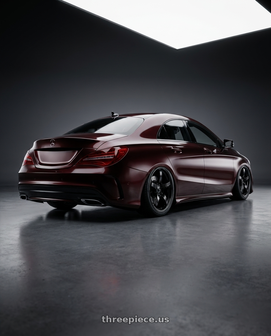 2018 Mercedes-Benz CLA C117 with Gram Lights 57CR 5x112 19x8.5+45 Glossy Black wheels rear three quarter view slight stretch tires