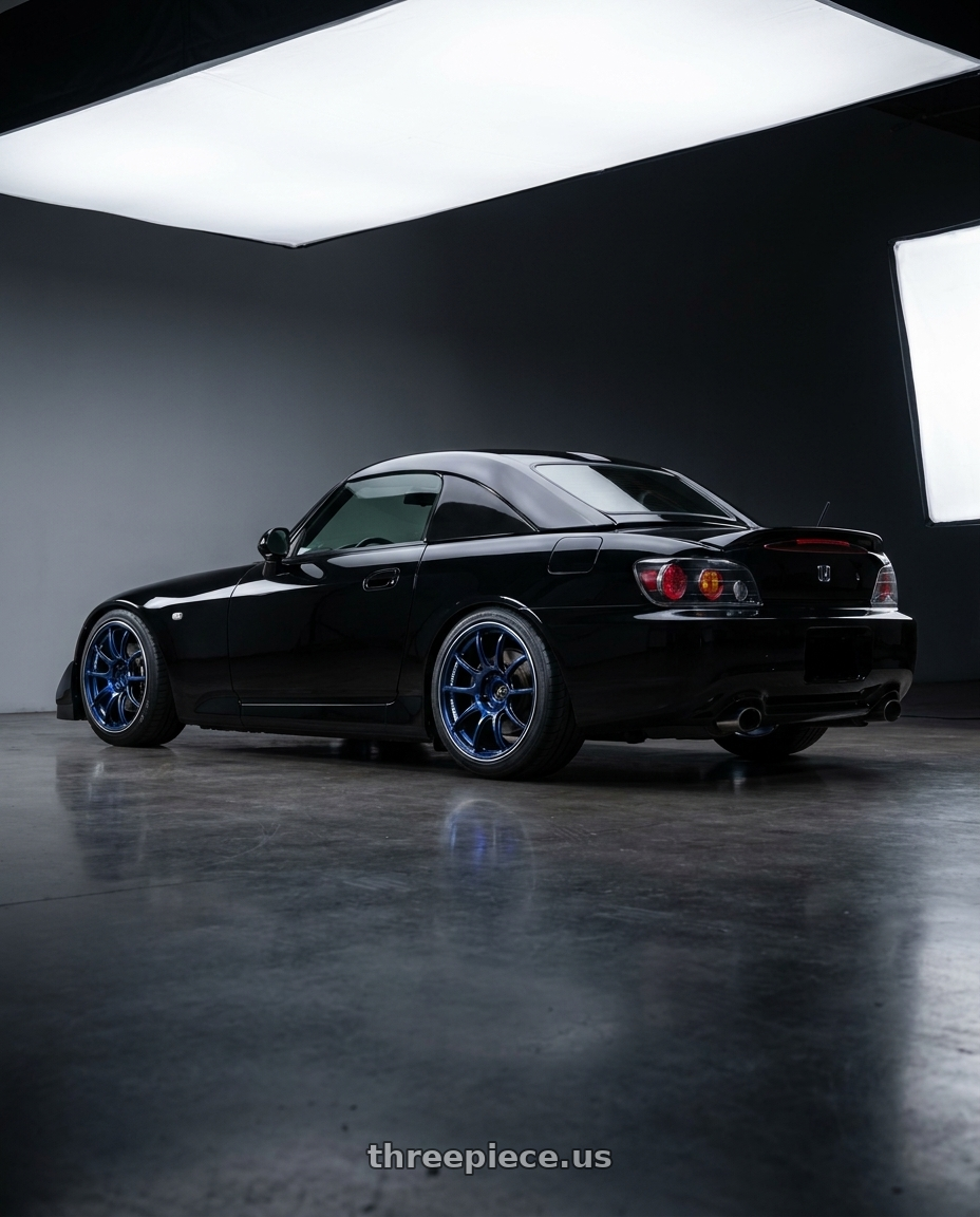 2000 Honda S2000 with Advan Racing RZII 5x114.3 17x8.0 +45 RACING INDIGO BLUE & RING wheels rear three quarter view square tires