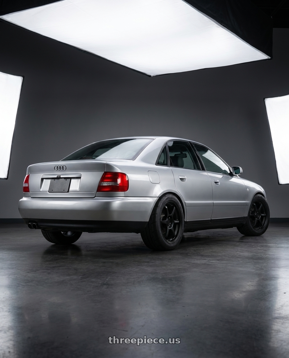 2001 Audi A4 Silver with Motegi MR145 TRAKLITE 3.0 5X112 17X8.5 +42 SATIN BLACK wheels rear three quarter view meaty tires