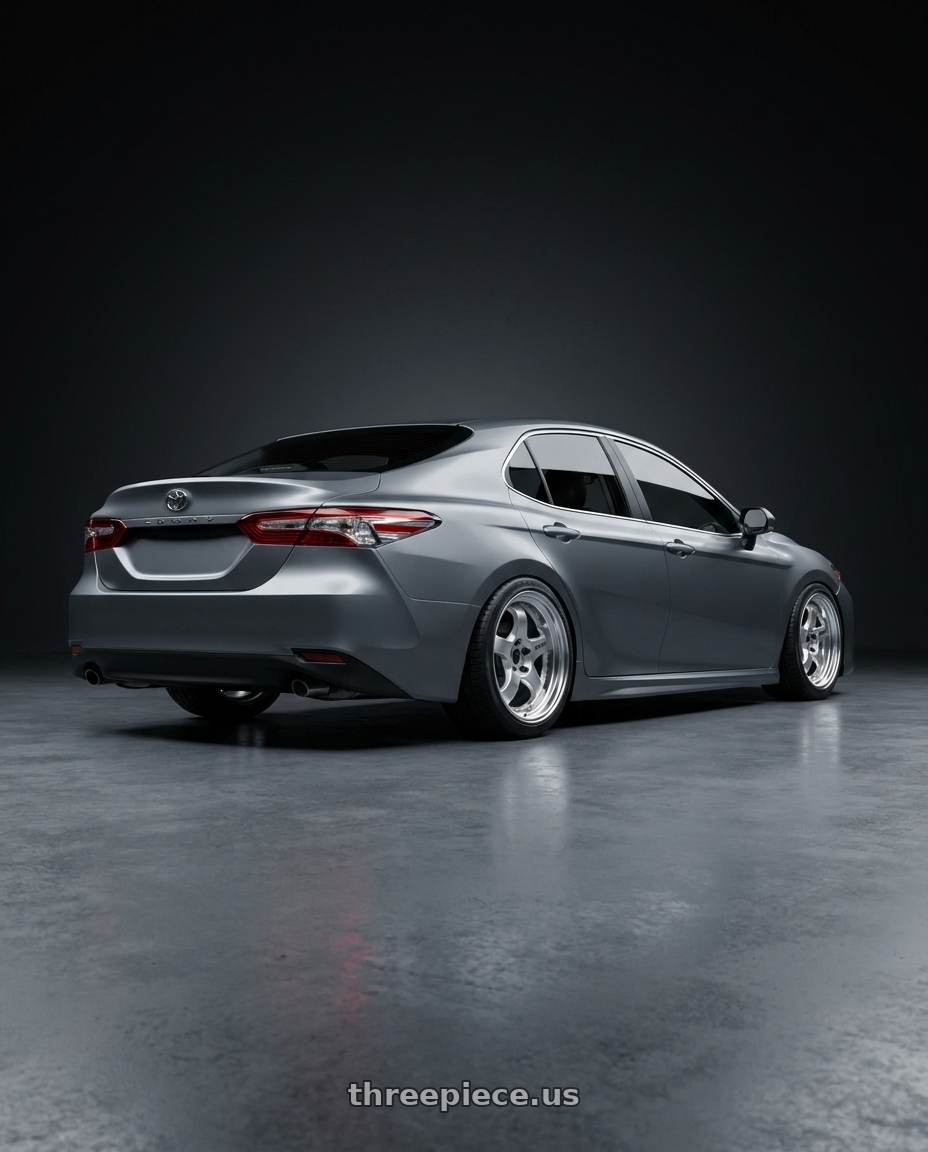 2019 toyota camry LE with Work Meister S1 2P 5x114.3 15x9.5+38 O Disk Silver wheels rear three quarter view square tires