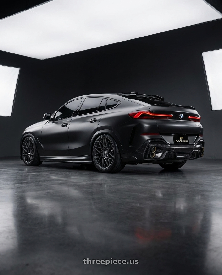 2025 BMW X6 40i lci Matt black with RTR 850SC Tech Mesh Mustang 5x114.3 20x10.5 +45 Satin Charcoal wheels rear three quarter view slight stretch tires