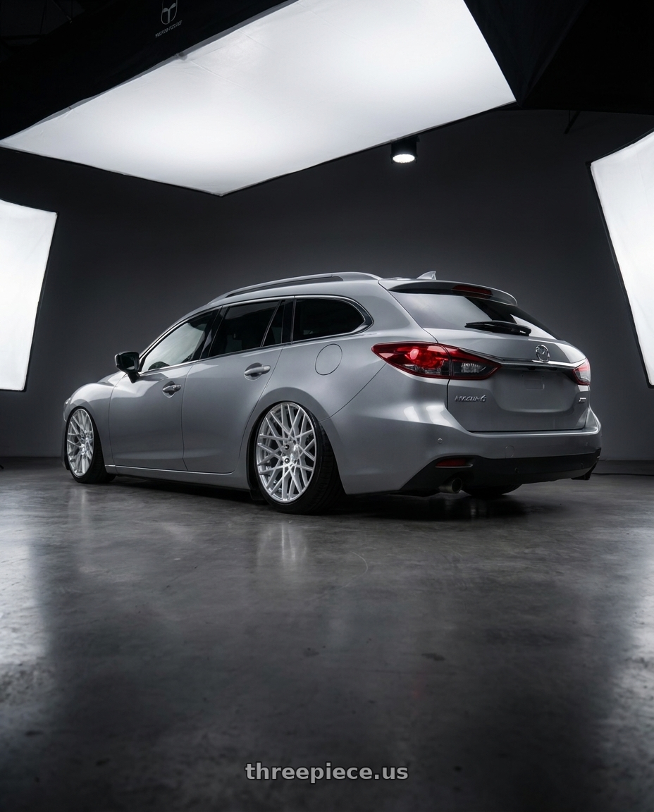 2019 Mazda 6 wagon with Rotiform 1PC R110 BLQ 5X112 18X8.5 +45 GLOSS SILVER MACHINED wheels rear three quarter view slight stretch tires