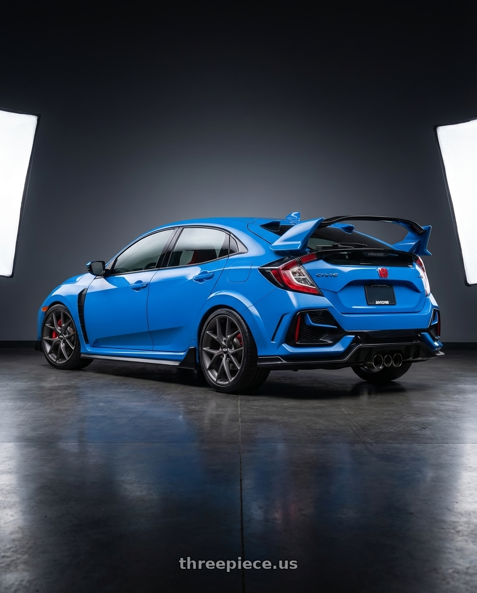 2020 Honda Civic Type R with BBS SR 5x120 19x8.5+32 Satin Himalaya Grey wheels rear three quarter view square tires